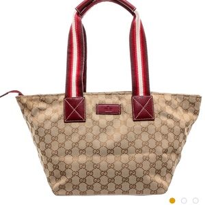 Gucci Beige GG Canvas & Burgundy Leather Tote